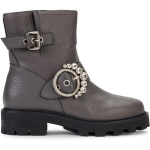 Gray Leather Moto Ankle Boots